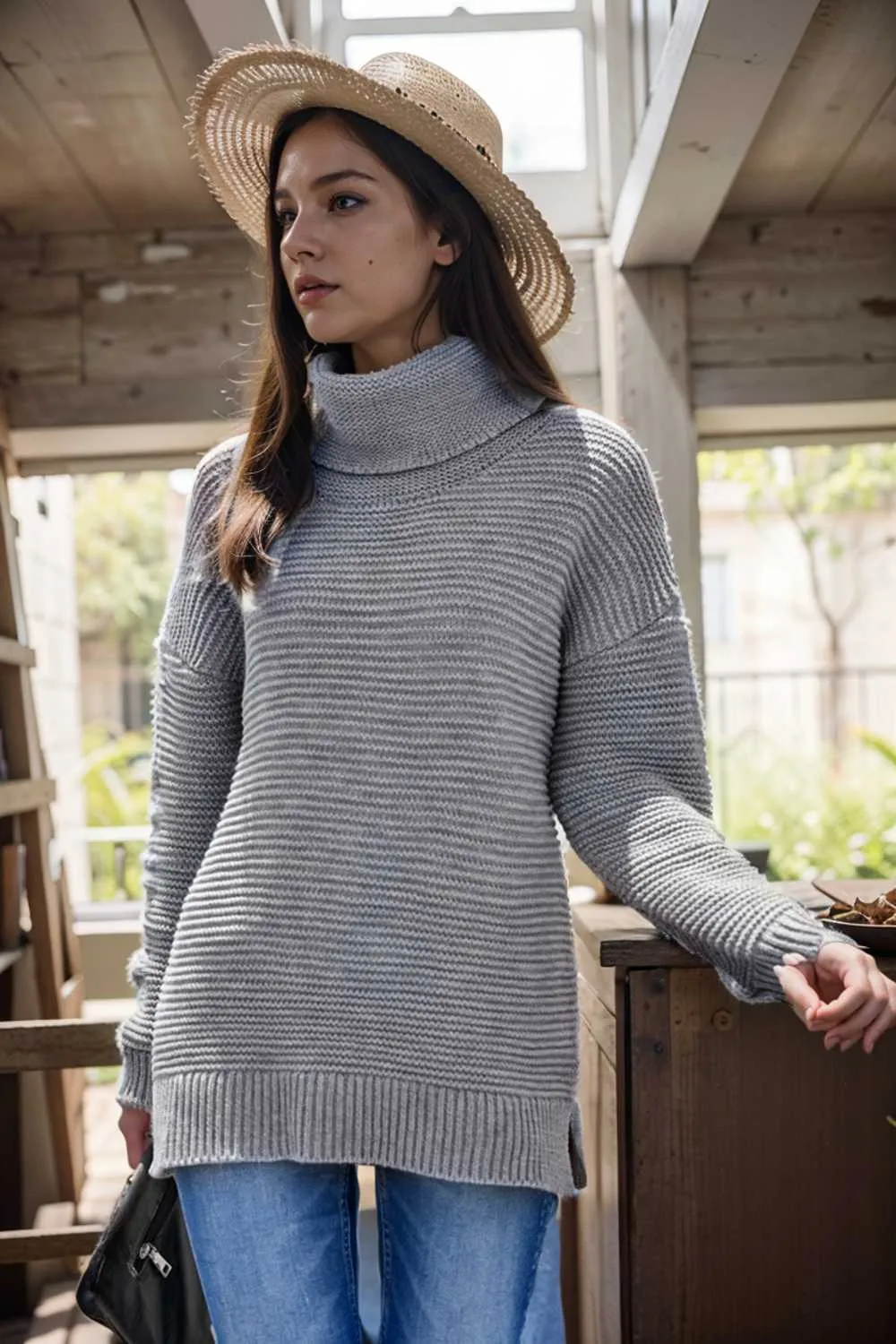 casual chunky knit mock neck long sleeve split pullover sweater