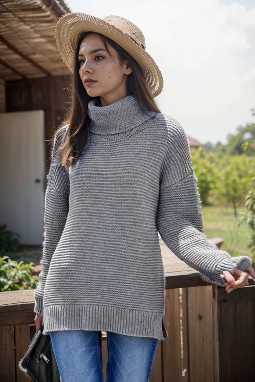 casual chunky knit mock neck long sleeve split pullover sweater