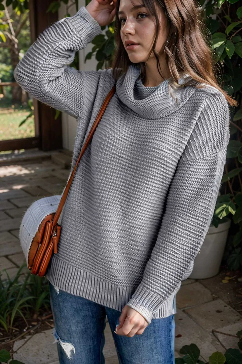 casual chunky knit mock neck long sleeve split pullover sweater