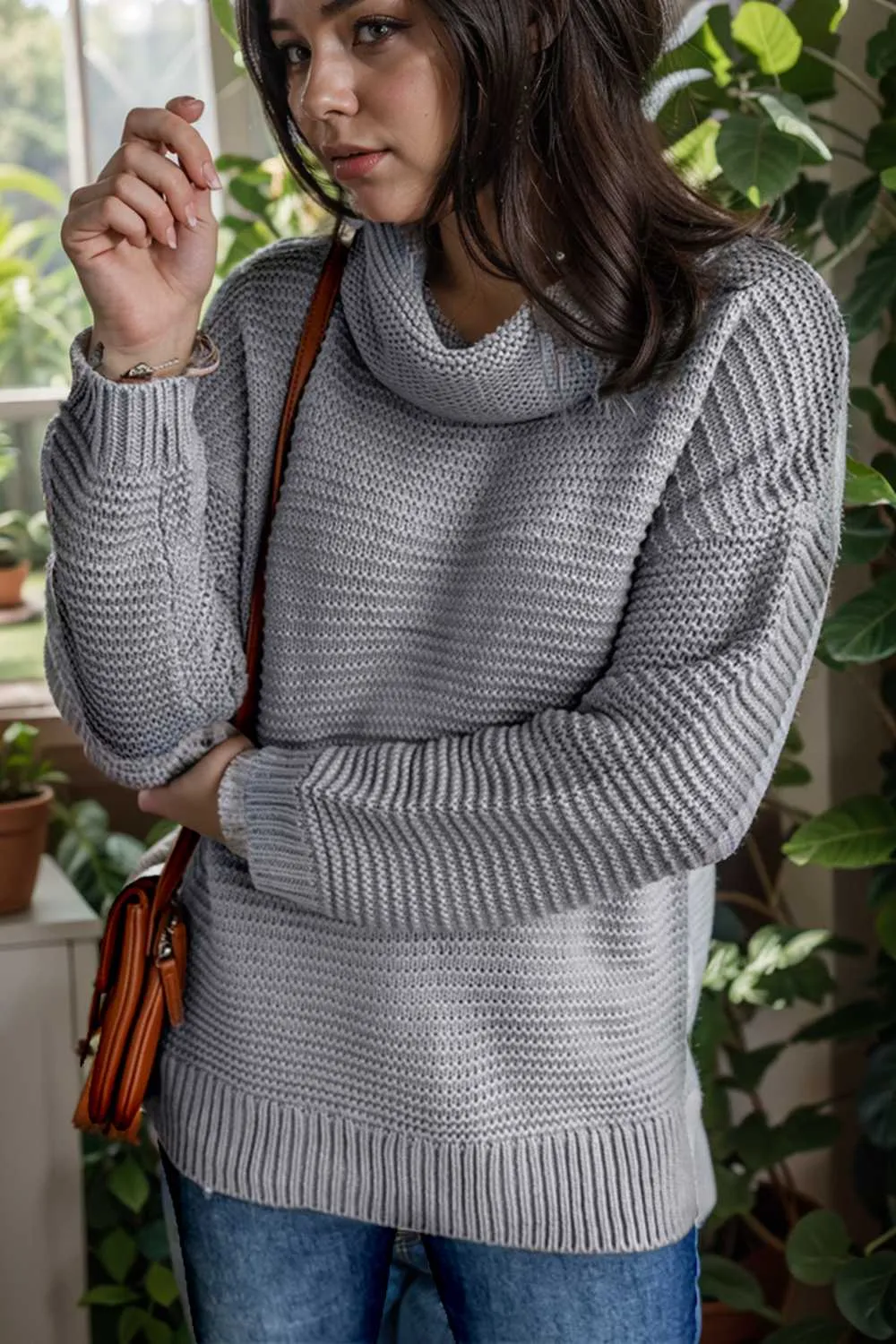 casual chunky knit mock neck long sleeve split pullover sweater