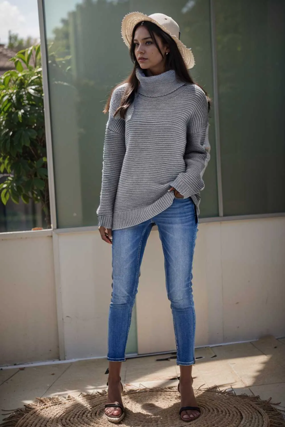 casual chunky knit mock neck long sleeve split pullover sweater