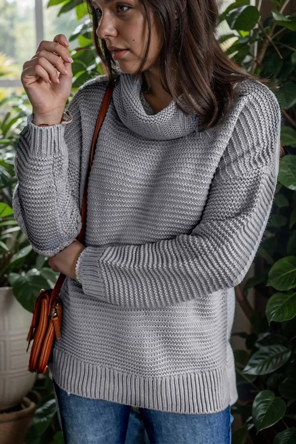 casual chunky knit mock neck long sleeve split pullover sweater