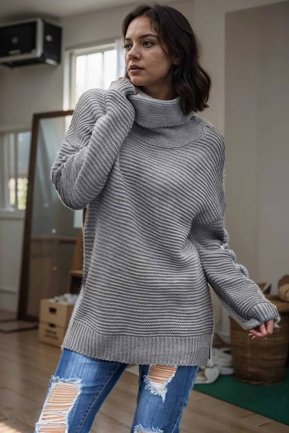 casual chunky knit mock neck long sleeve split pullover sweater