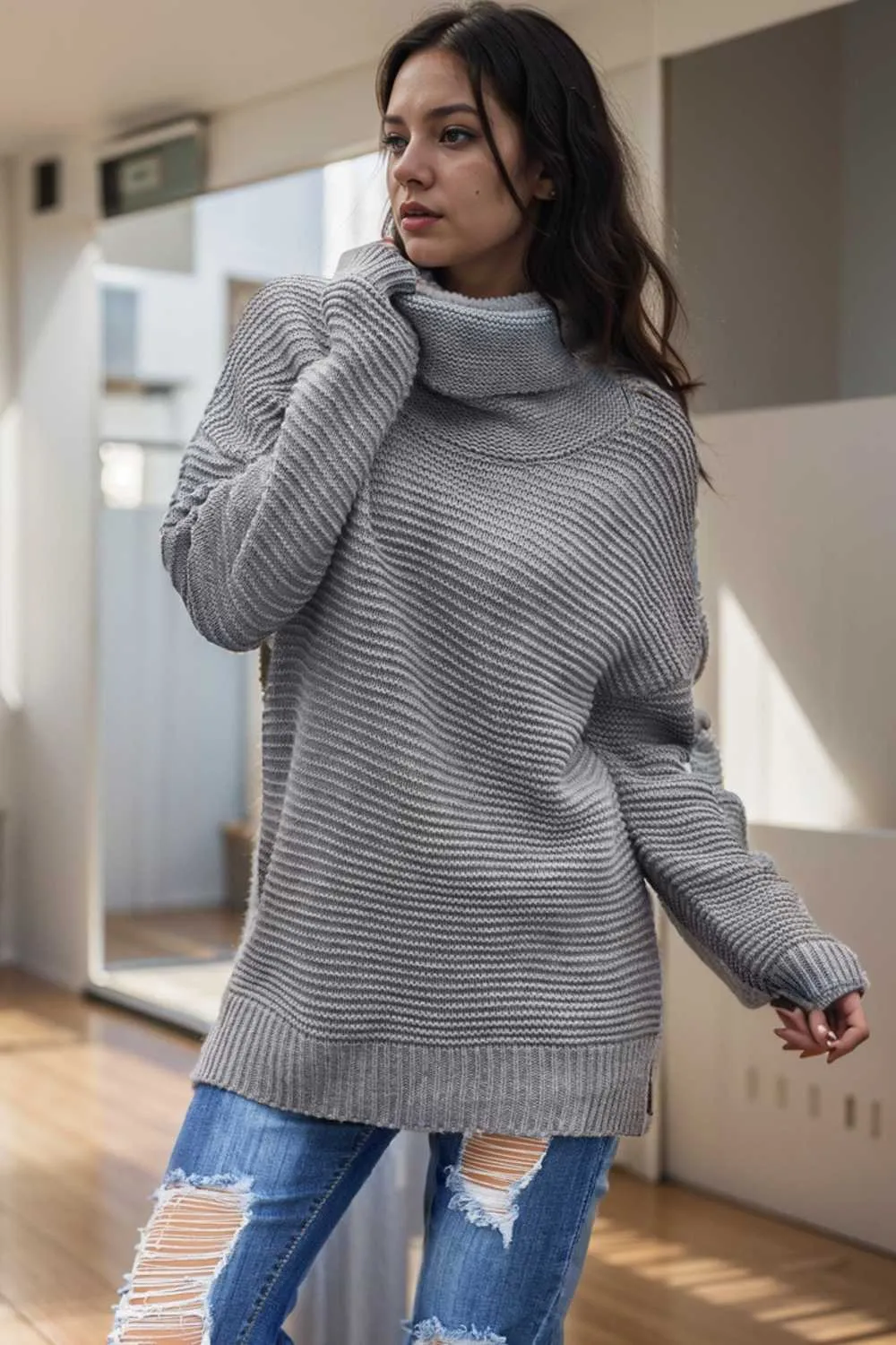 casual chunky knit mock neck long sleeve split pullover sweater