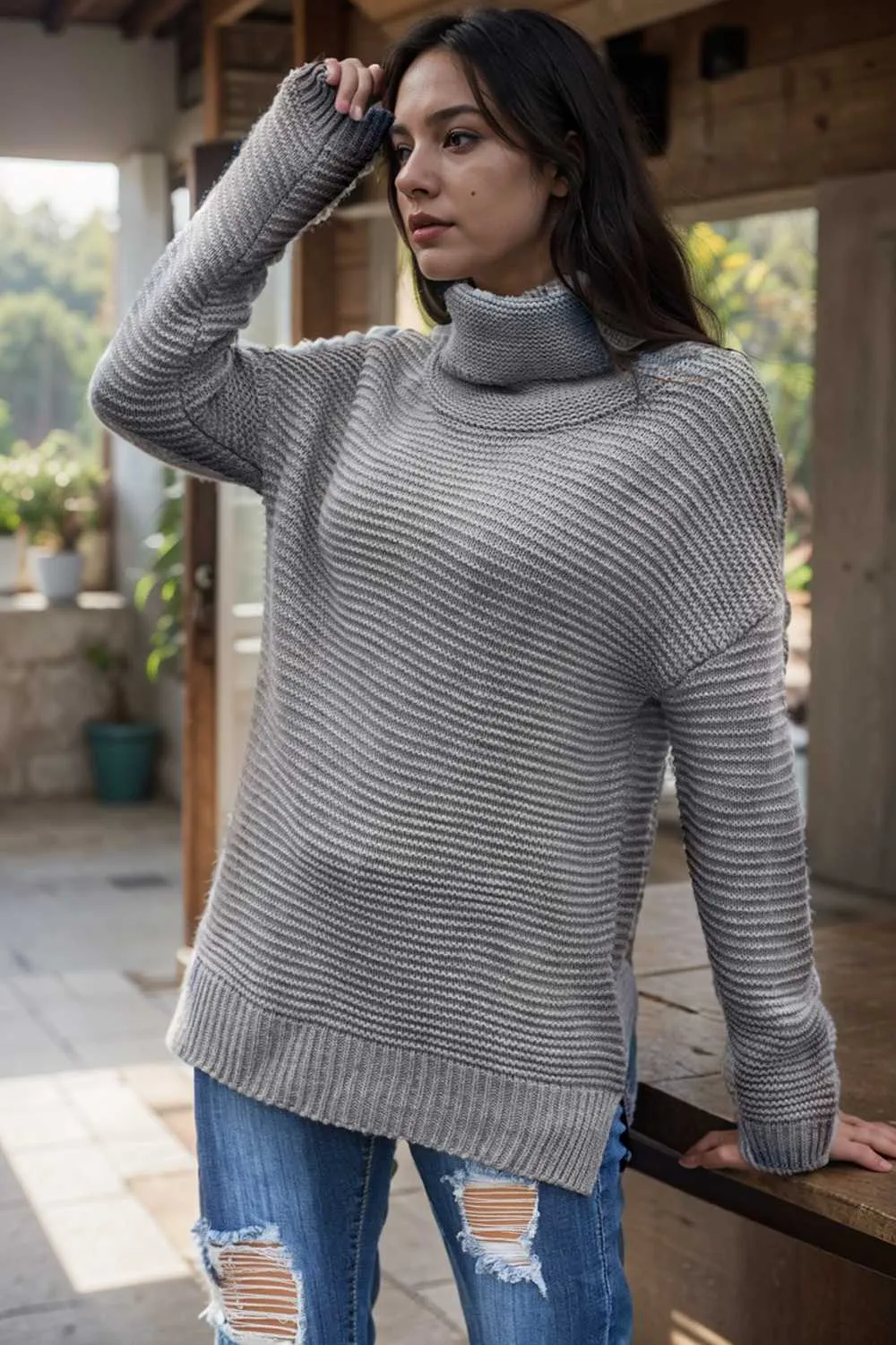 casual chunky knit mock neck long sleeve split pullover sweater