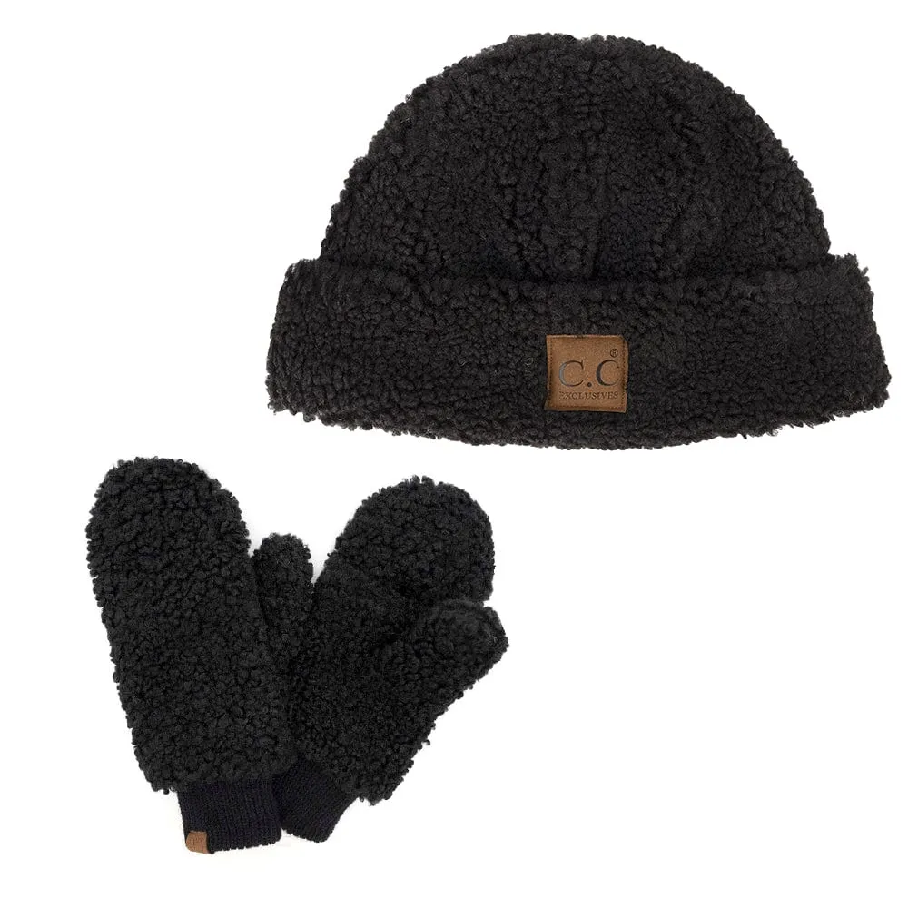 C.C Women Fuzzy Lined Sherpa Cuff Warm Winter Beanie & Mitten Set