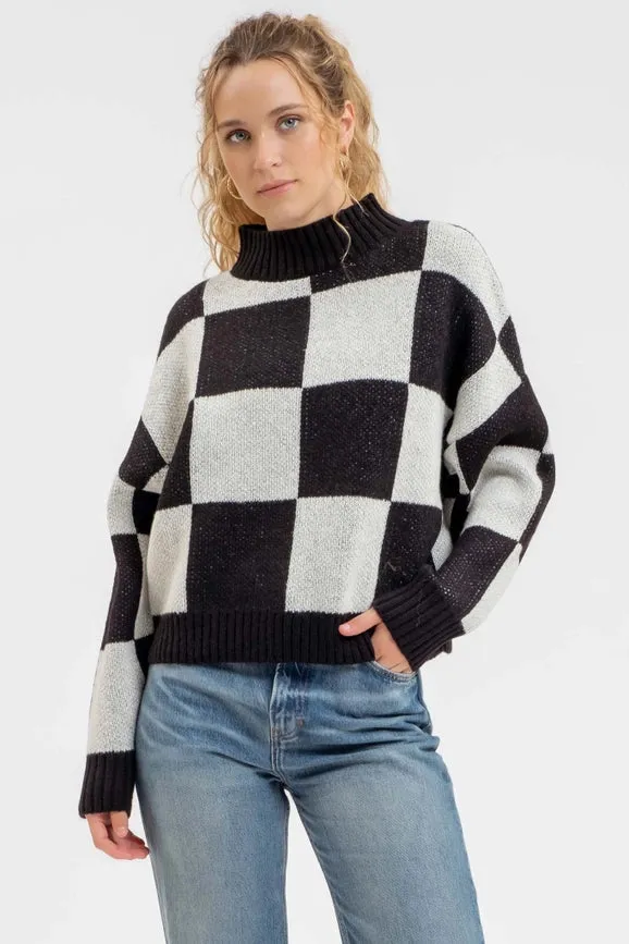 Checkered Mock Neck Knit Pullover Sweater BLACK