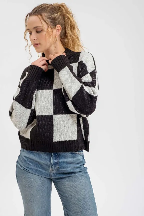 Checkered Mock Neck Knit Pullover Sweater BLACK