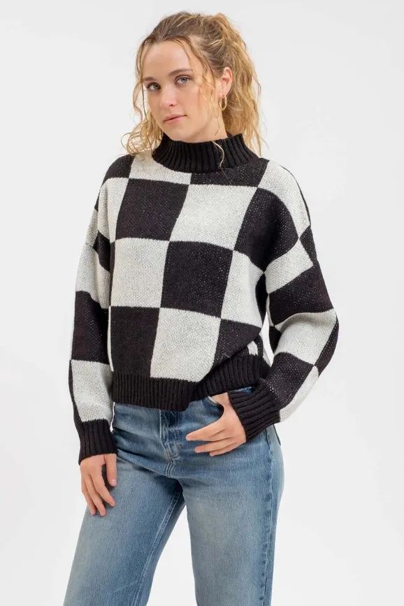 Checkered Mock Neck Knit Pullover Sweater BLACK