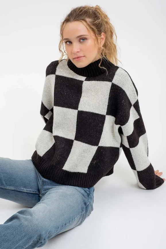 Checkered Mock Neck Knit Pullover Sweater BLACK