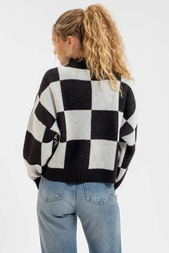 Checkered Mock Neck Knit Pullover Sweater BLACK