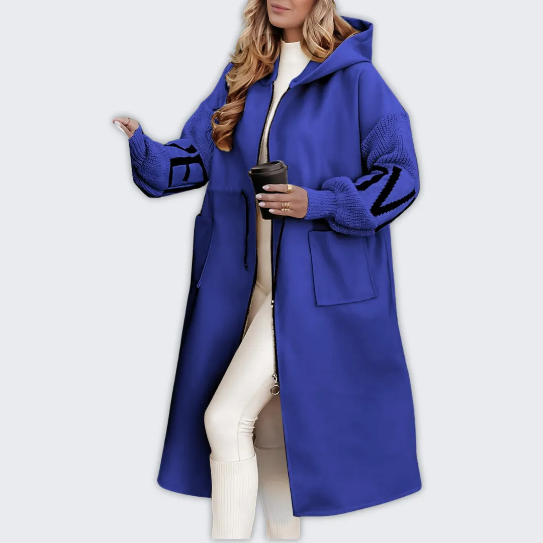 Chic Women's Long Hooded Coat with Cozy Knitted Sleeves