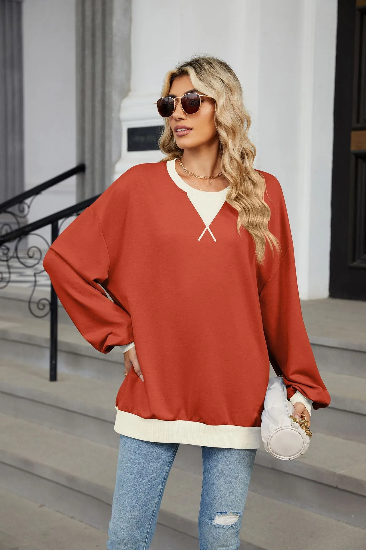 Contrasting Color Round Neck Loose Long-sleeved Sweater