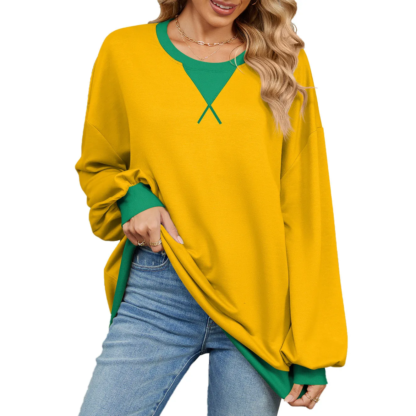 Contrasting Color Round Neck Loose Long-sleeved Sweater