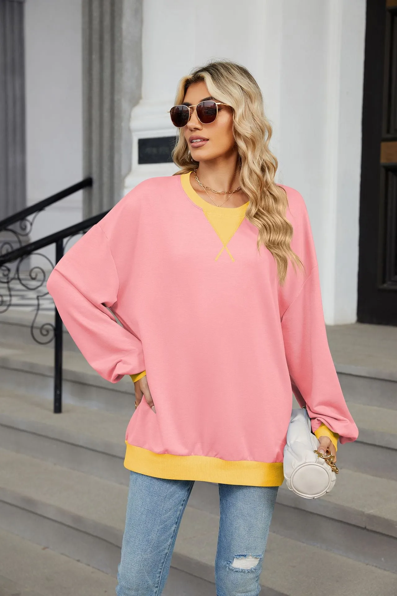 Contrasting Color Round Neck Loose Long-sleeved Sweater