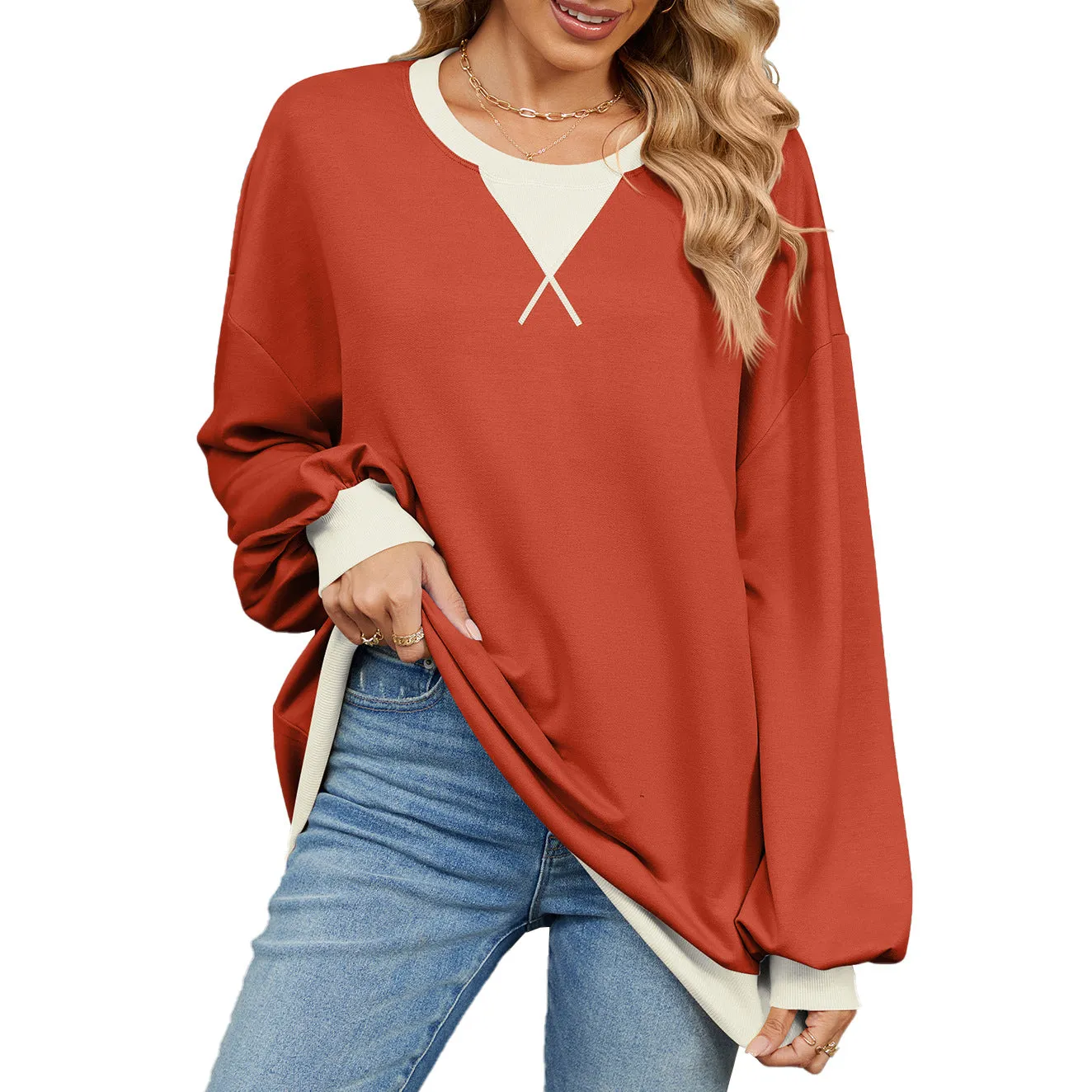 Contrasting Color Round Neck Loose Long-sleeved Sweater