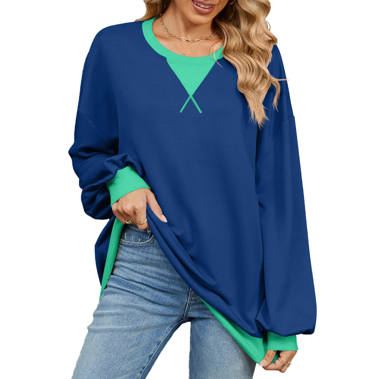 Contrasting Color Round Neck Loose Long-sleeved Sweater