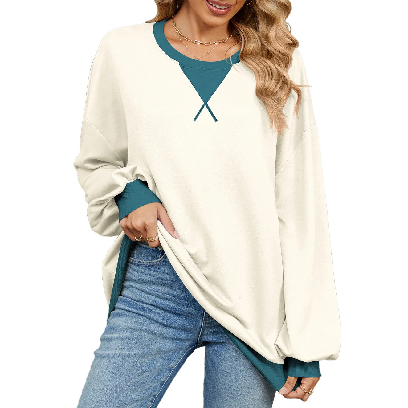 Contrasting Color Round Neck Loose Long-sleeved Sweater