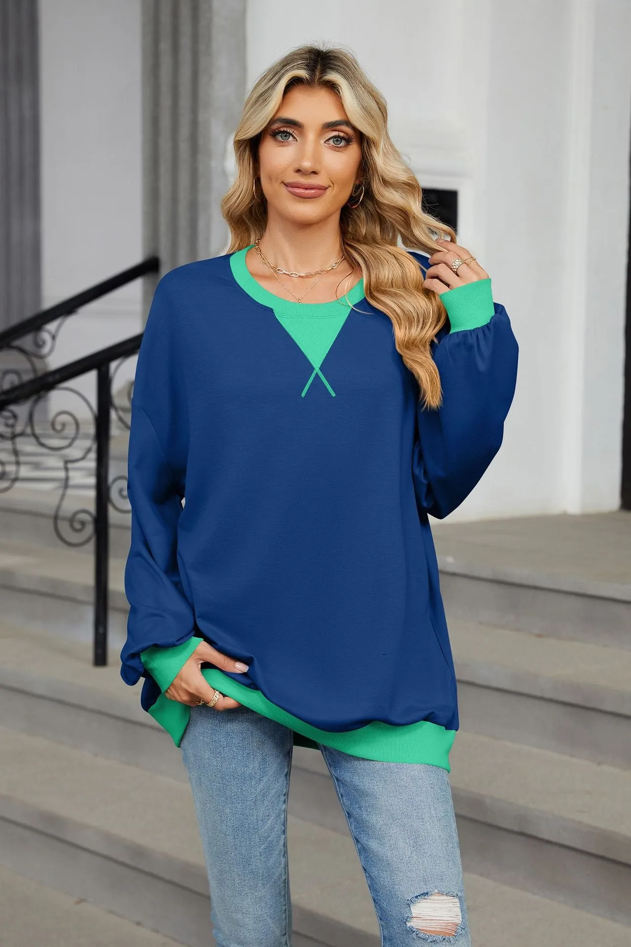 Contrasting Color Round Neck Loose Long-sleeved Sweater