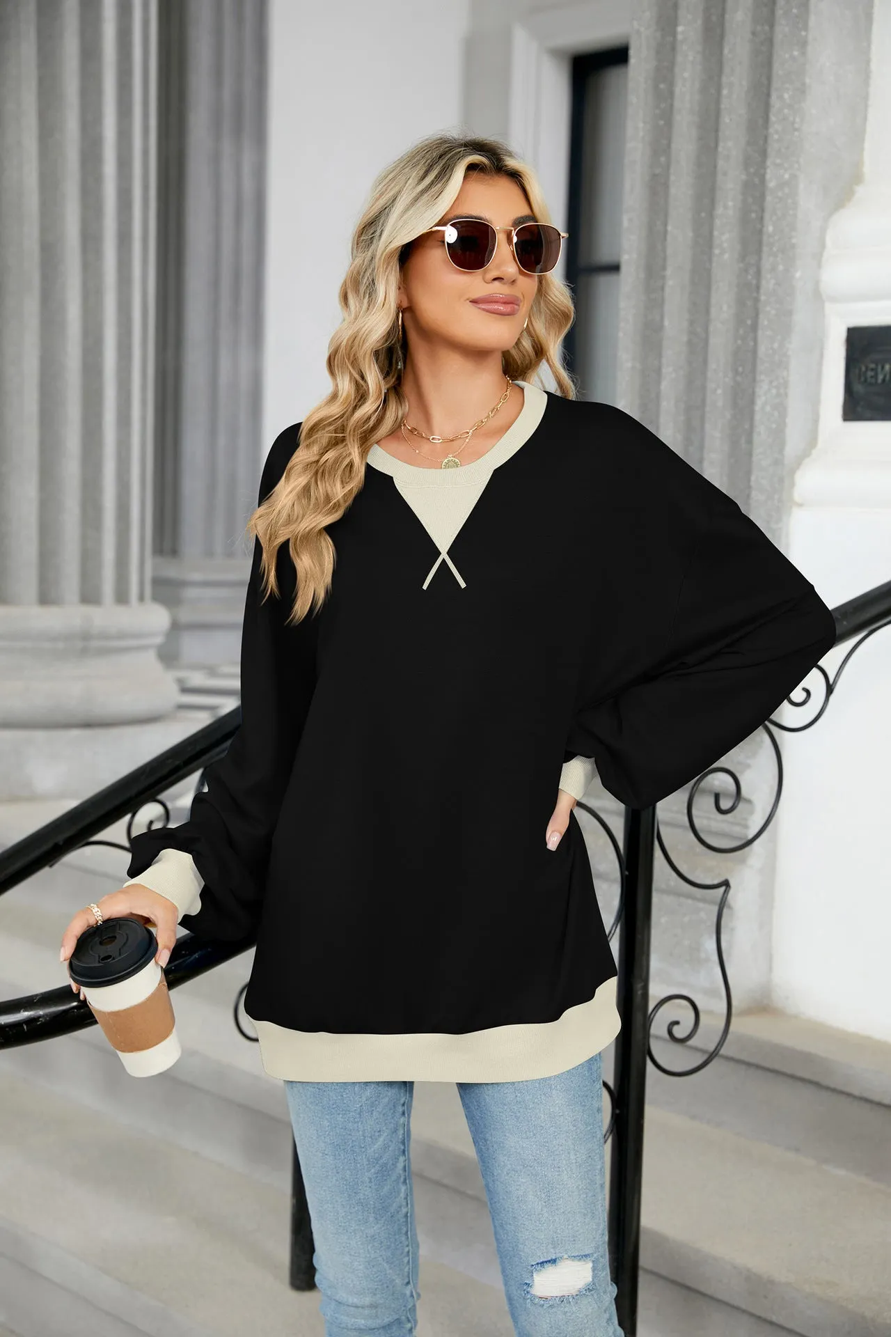 Contrasting Color Round Neck Loose Long-sleeved Sweater