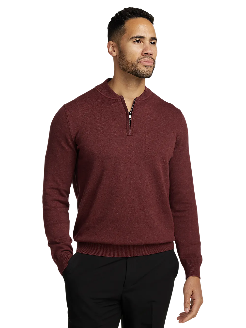 Cotton Quarter Zip Mock Neck Sweater - Burgundy