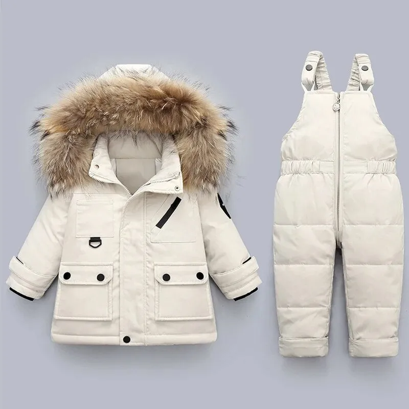 Cozy Winter Down Jacket & Ski Suit Set for Babies with Fur Collar