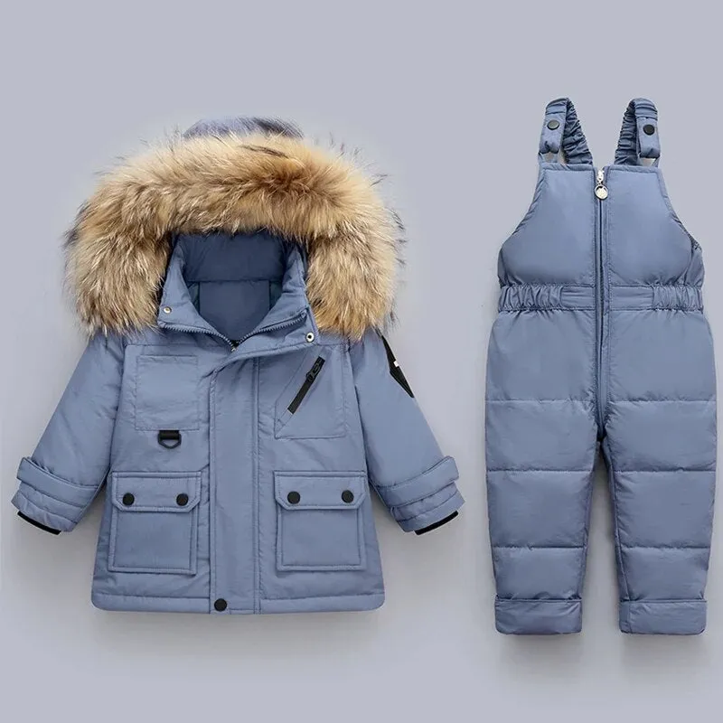 Cozy Winter Down Jacket & Ski Suit Set for Babies with Fur Collar