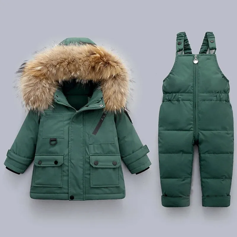 Cozy Winter Down Jacket & Ski Suit Set for Babies with Fur Collar