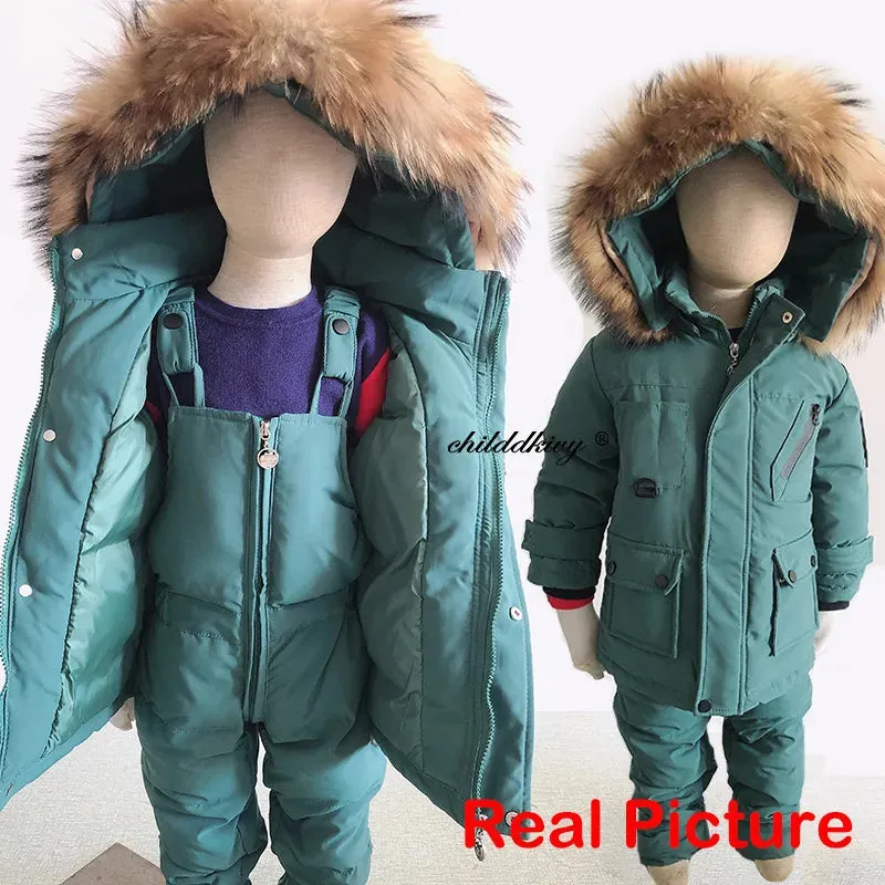 Cozy Winter Down Jacket & Ski Suit Set for Babies with Fur Collar