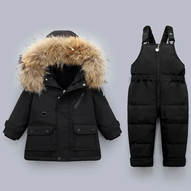 Cozy Winter Down Jacket & Ski Suit Set for Babies with Fur Collar