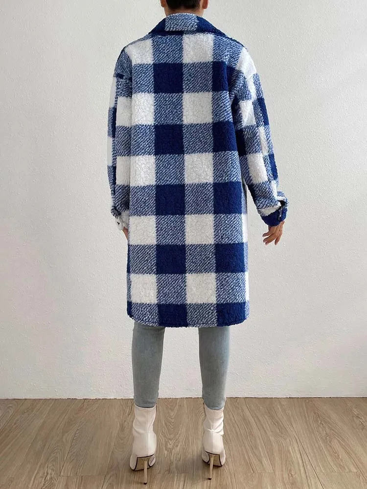 Faux Fur Plaid Longline Coat Jacket