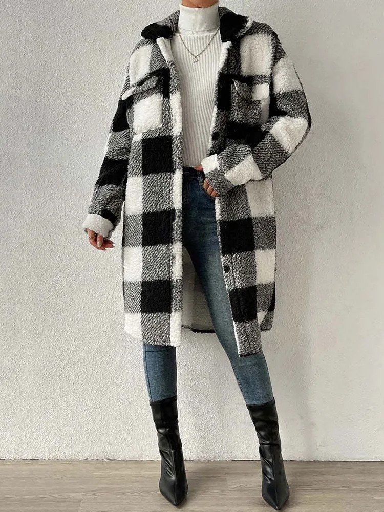 Faux Fur Plaid Longline Coat Jacket