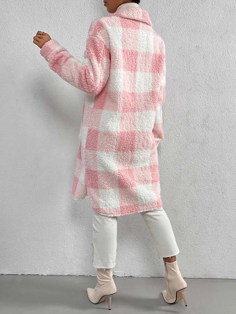 Faux Fur Plaid Longline Coat Jacket