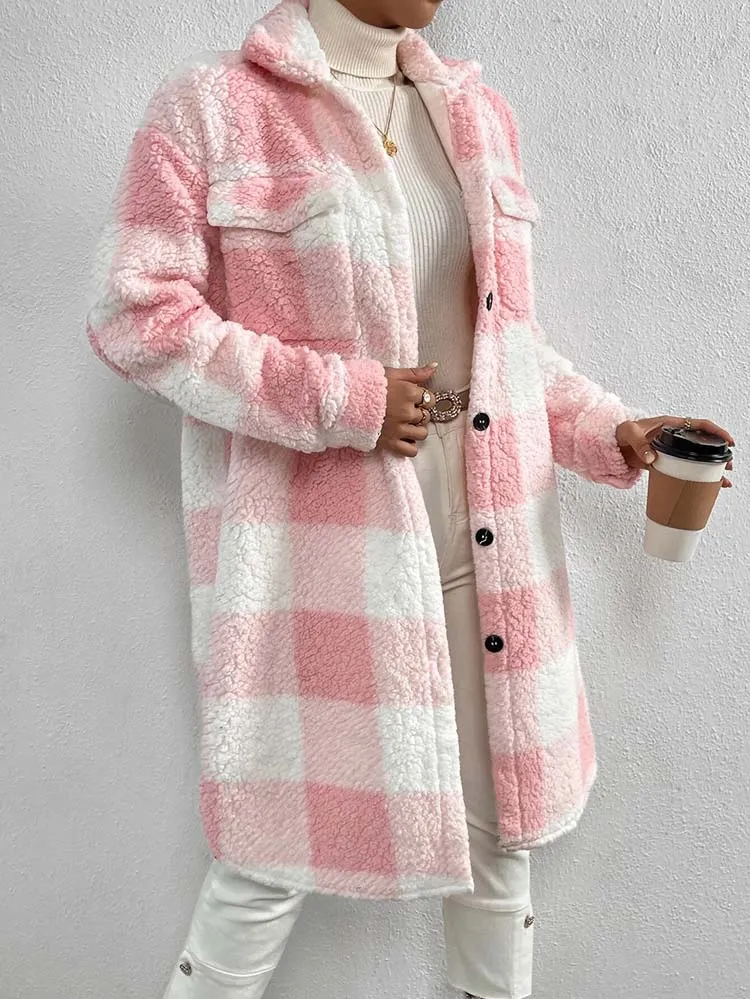 Faux Fur Plaid Longline Coat Jacket