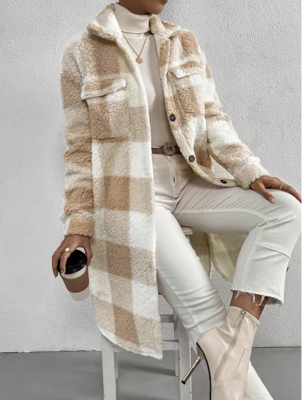 Faux Fur Plaid Longline Coat Jacket