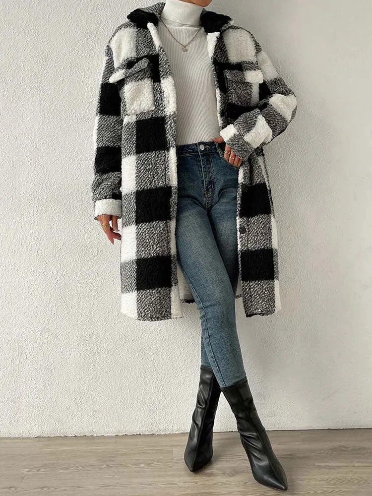 Faux Fur Plaid Longline Coat Jacket