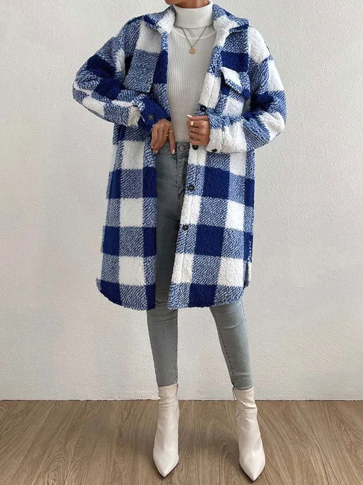 Faux Fur Plaid Longline Coat Jacket