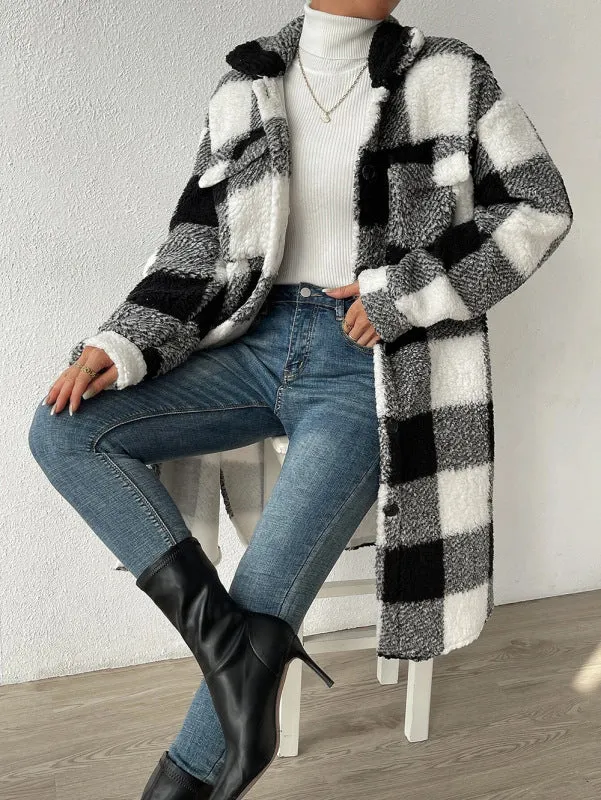 Faux Fur Plaid Longline Coat Jacket