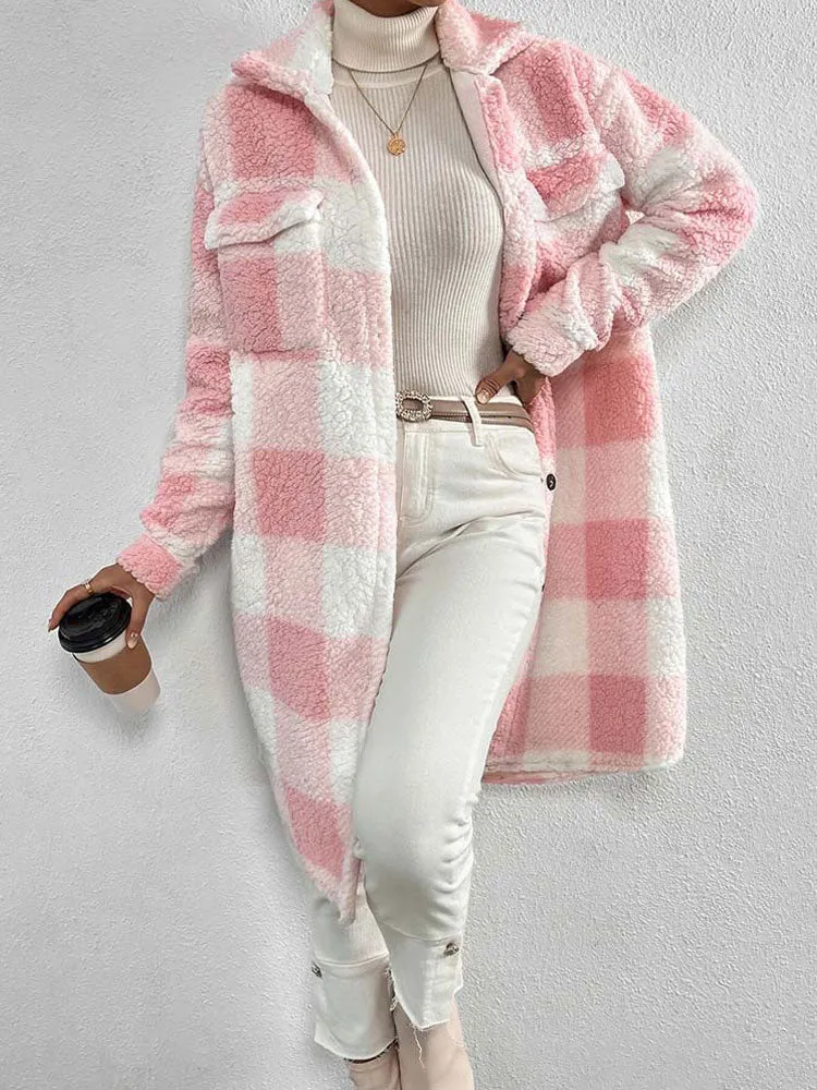 Faux Fur Plaid Longline Coat Jacket