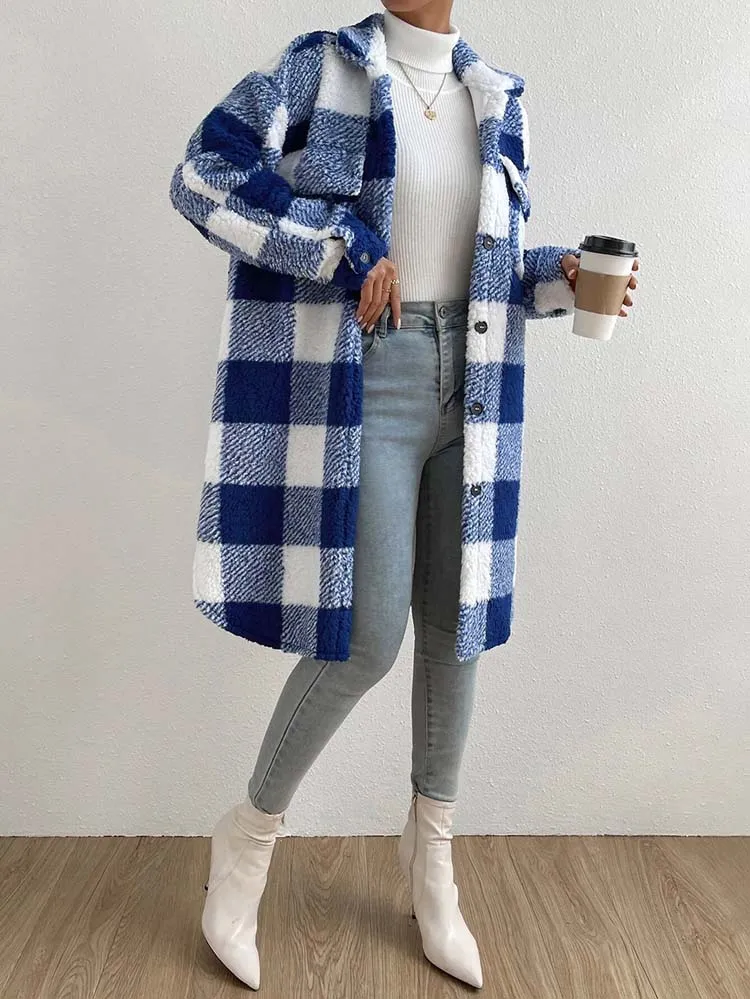 Faux Fur Plaid Longline Coat Jacket