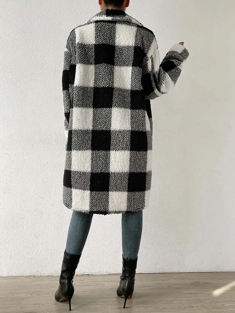 Faux Fur Plaid Longline Coat Jacket