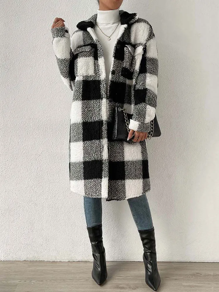 Faux Fur Plaid Longline Coat Jacket