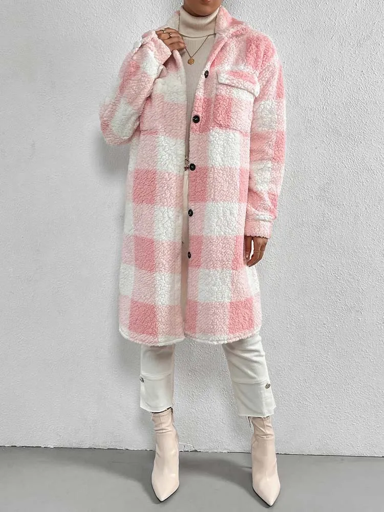 Faux Fur Plaid Longline Coat Jacket