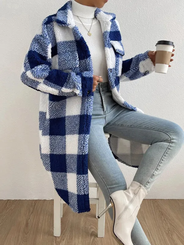 Faux Fur Plaid Longline Coat Jacket