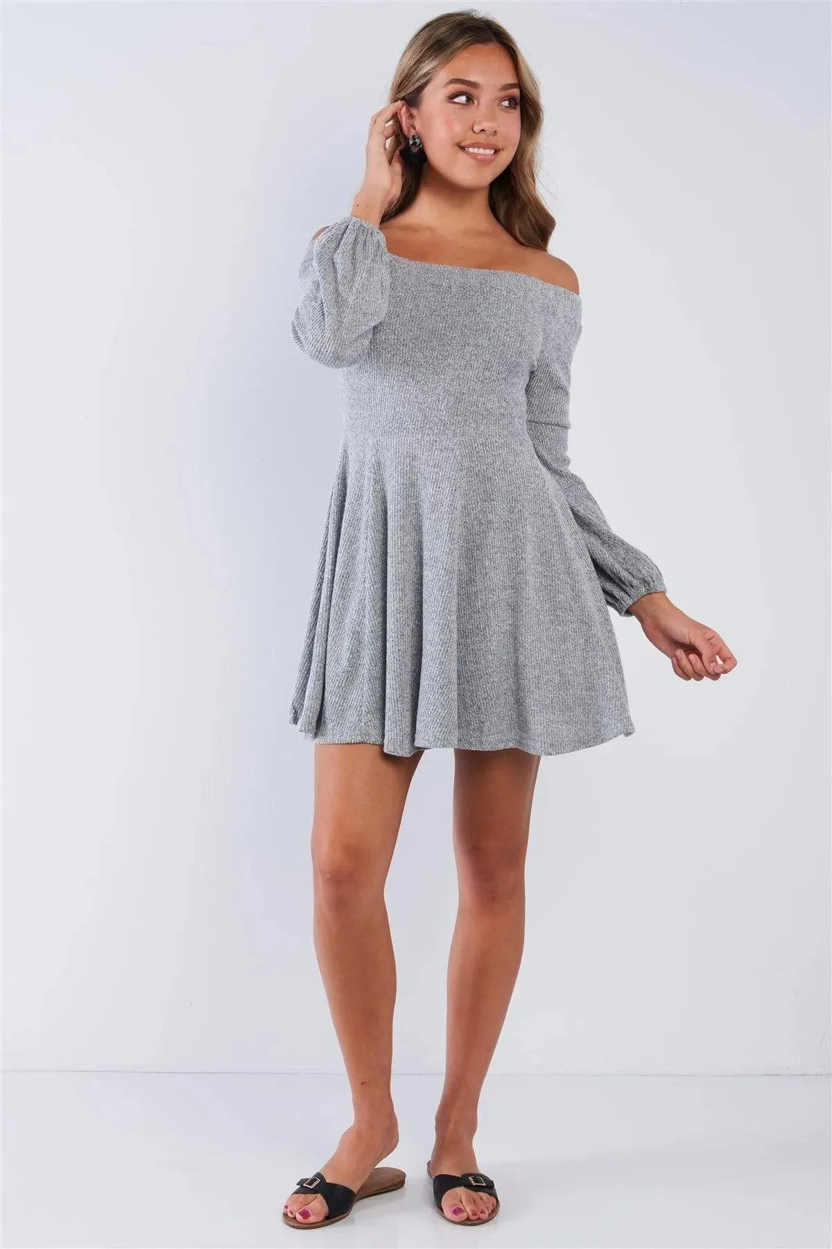 Grey Soft Ribbed Fleece Off The Shoulder Sweater Dress