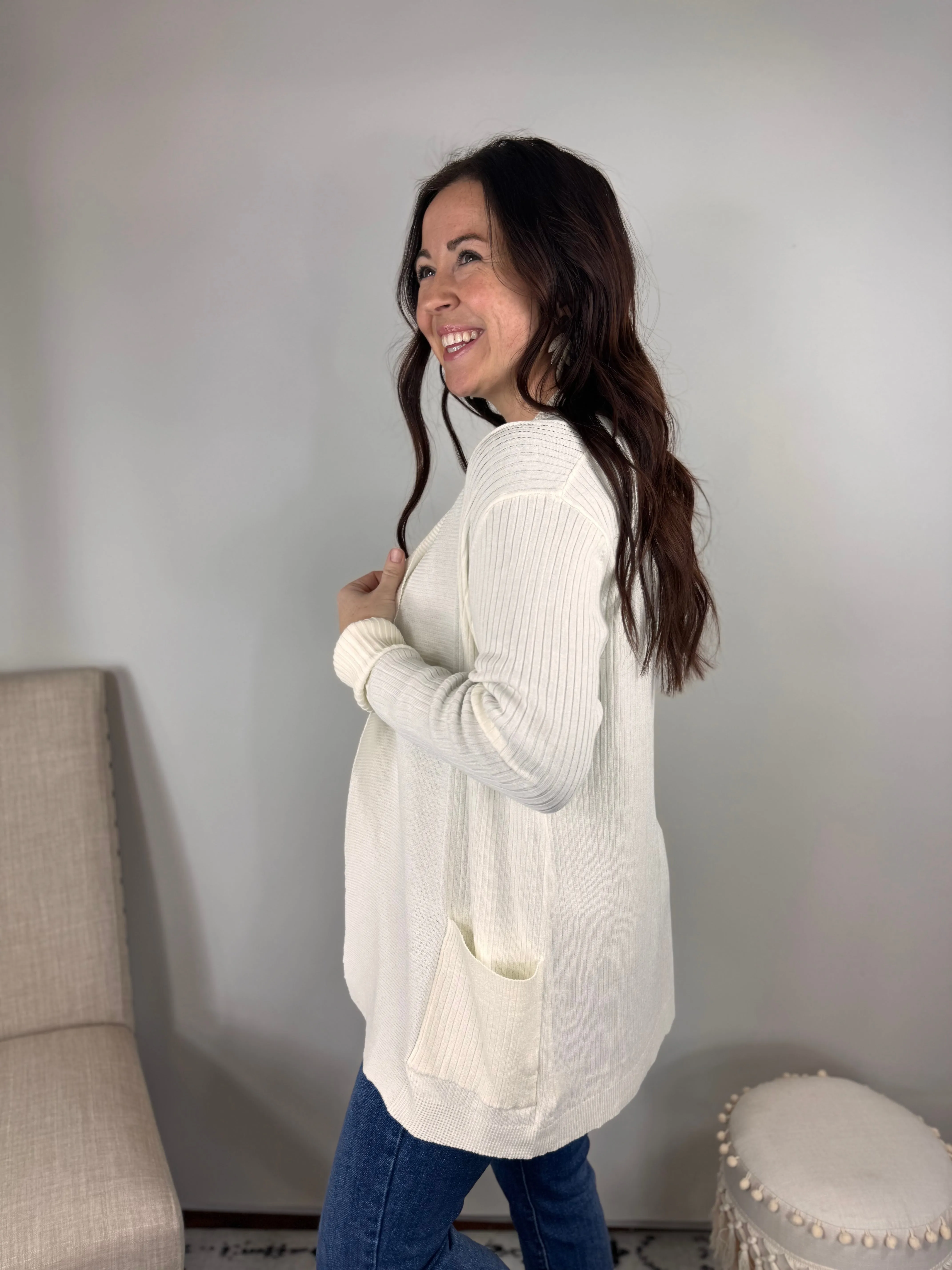 Ivory Lightweight Long Ribbed Cardigan