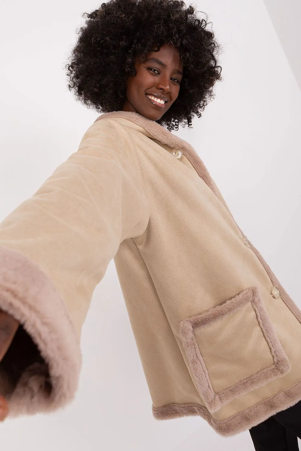 LAKERTA Soft European Plush Hooded Coat with Decor Belt