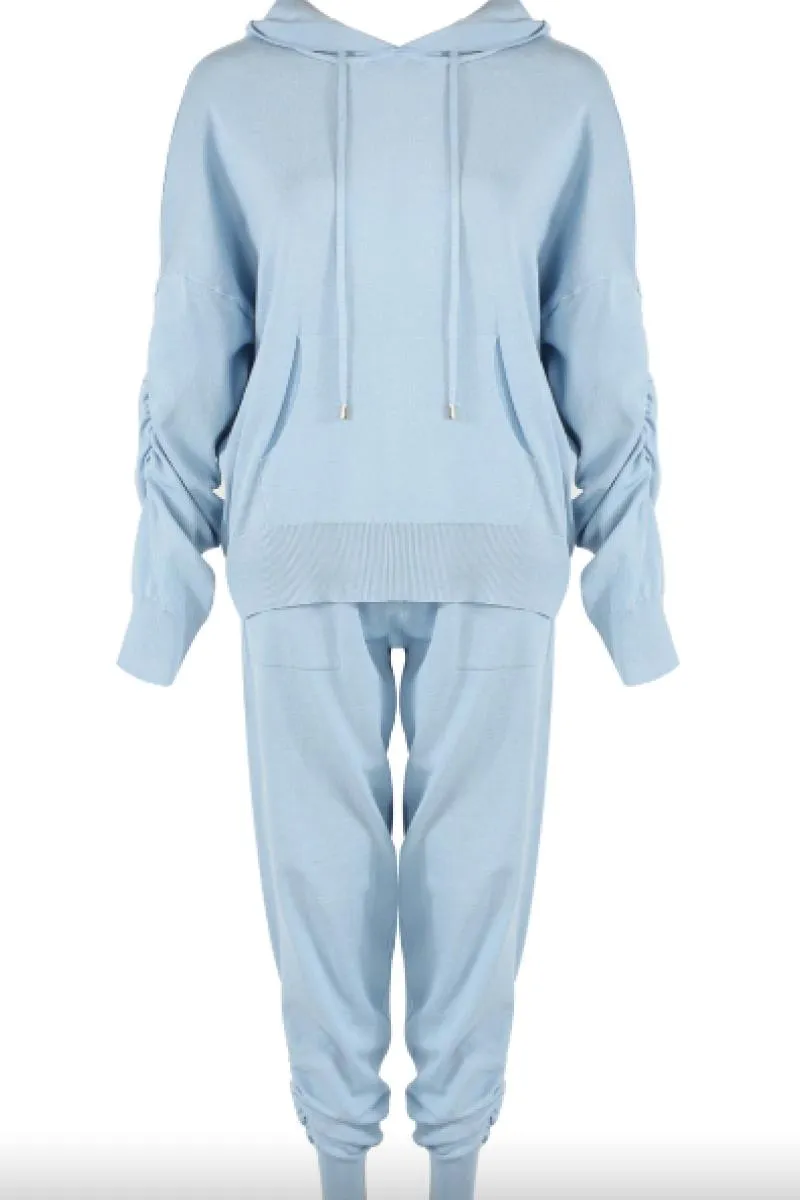 Mareena - Blue Ruched Hooded Knitted Loungewear Set