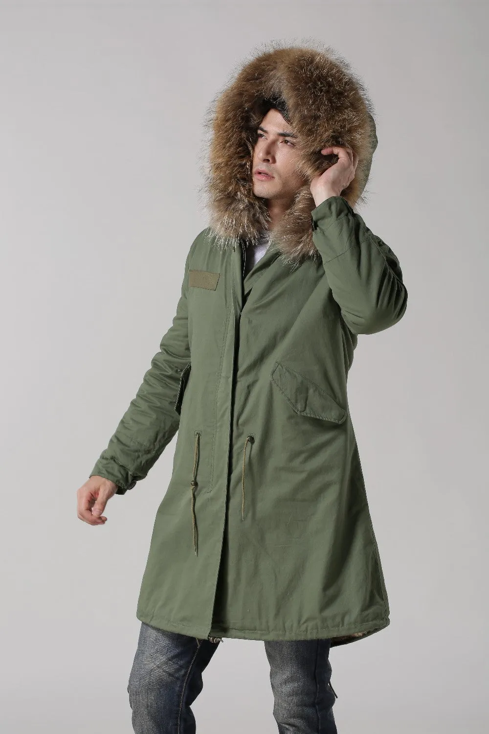 Men's Fur Lined Green Convertible Parka