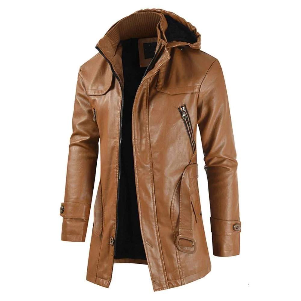 Men's Hooded Mid-Length Belted Genuine Sheepskin Leather Coat